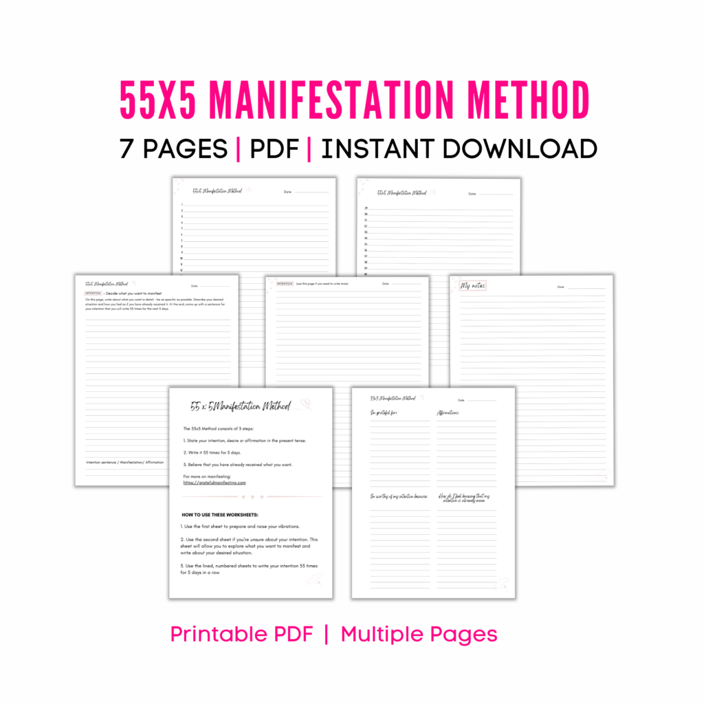 55x5 Manifestation Method Worksheets Grateful Manifesting Printables Shop