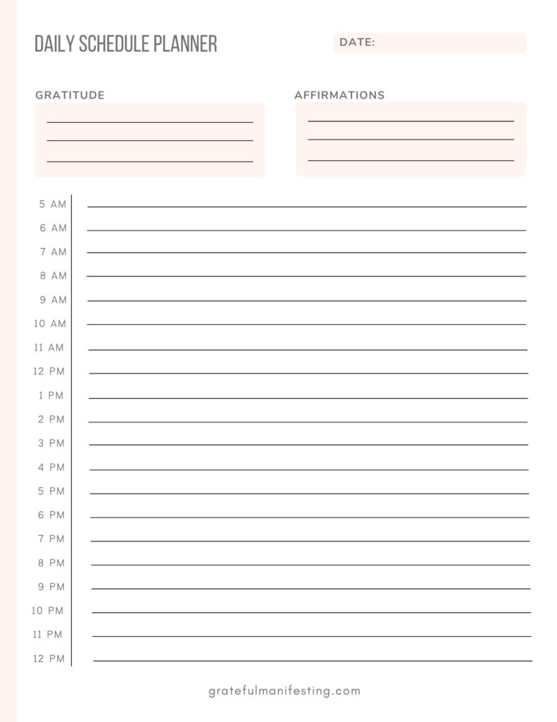 Daily Schedule Planner printable - grateful manifesting