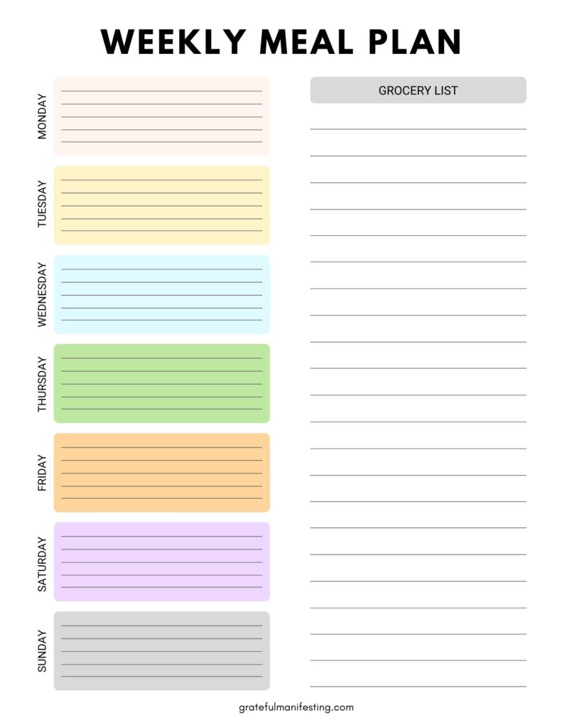 Weekly Meal Planner printable - grateful manifesting