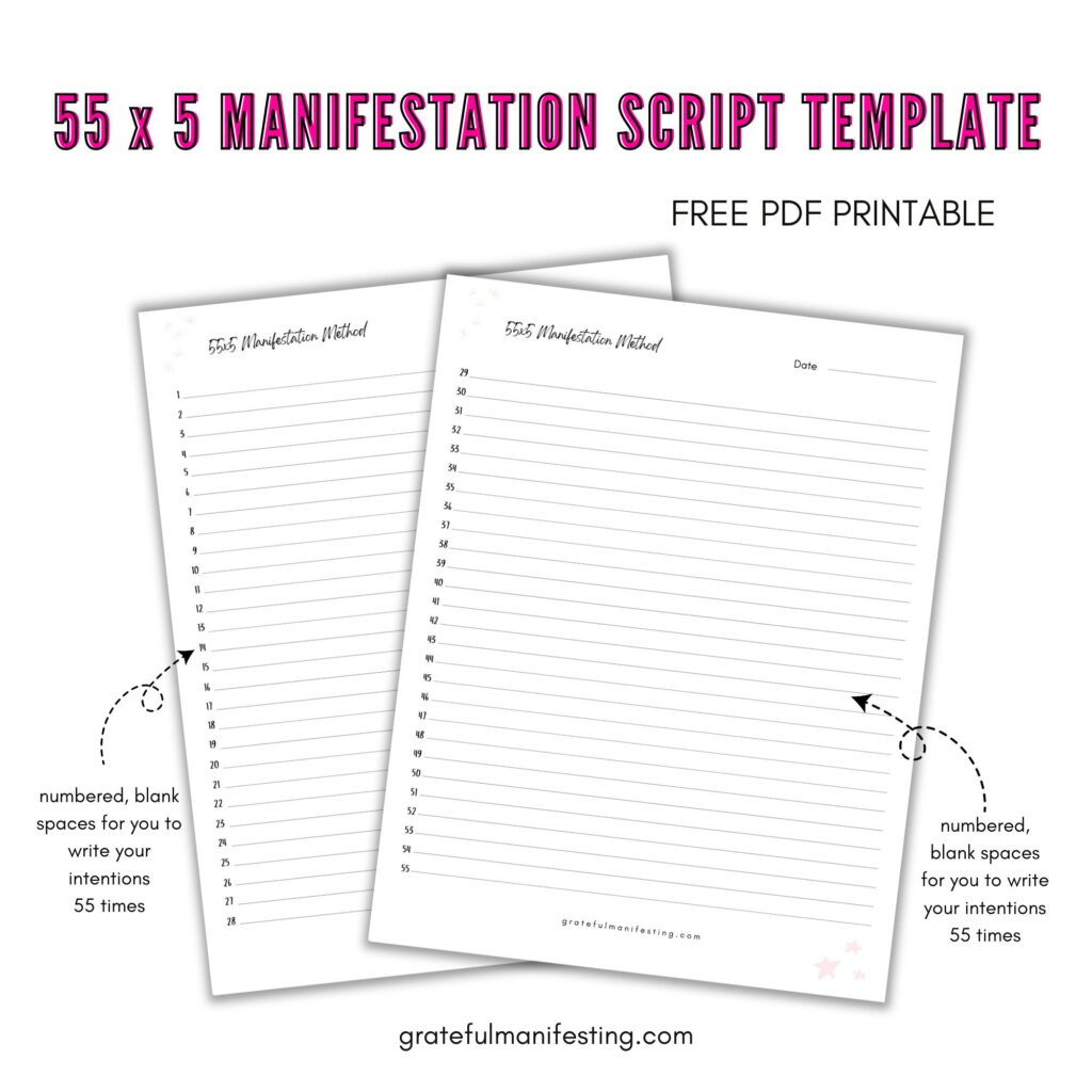 free 55 x 5 manifestation method worksheet template printable