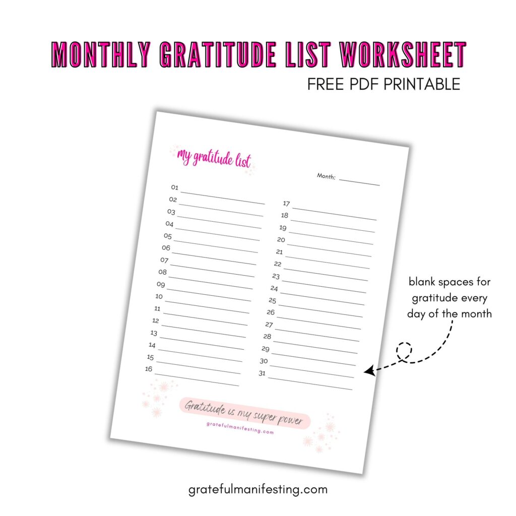 free monthly gratitude list worksheet printable pdf