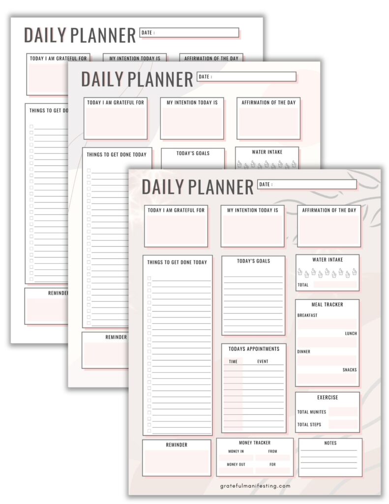 FREE Daily Planner pdf, printable - 3 versions - daily gratitude - daily intention - daily affirmation - daily goals - daily to do - daily budget - daily water intake  - gratefulmaniesting.com